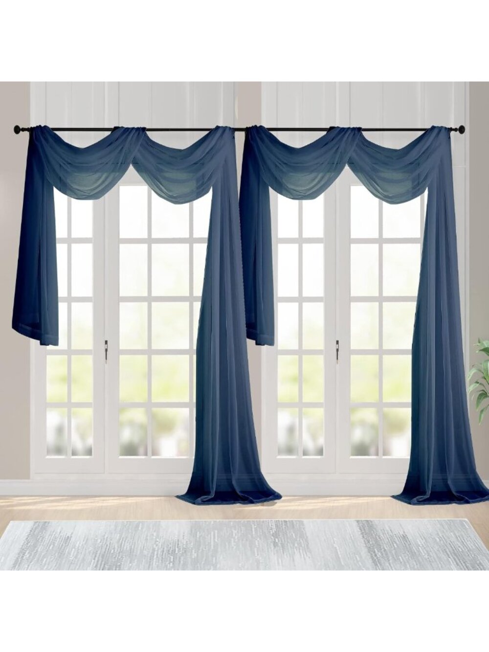 Extra Long Navy Blue Sheer Window Scarf Valances, 2PC 216" Drapes for Weddings